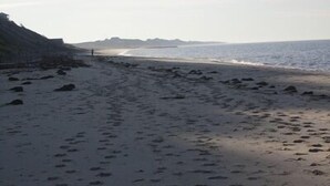 Ein Strand mit verstreuten Steinen und einer entfernten Bergsicht.