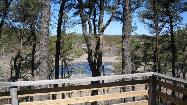 Eine Holzdar Terrasse mit Geländer, mit Blick auf bewaldetes Gebiet und ein Gewässer.