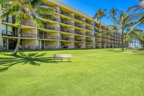 A multi-story hotel with balconies, a grassy lawn, and palm trees. - 15% OFF SEPT & OCT 7nt stays Remodeled Kihei Oceanfront Property, AC, Pool & BBQ (Kihei)
