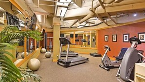 A gym with treadmills, stationary bikes, and exercise balls. - Outstanding 2BR in River Run. Fully stocked, steps from gondola and shopping (Dillon)