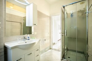 Shower, hair dryer, bidet, towels