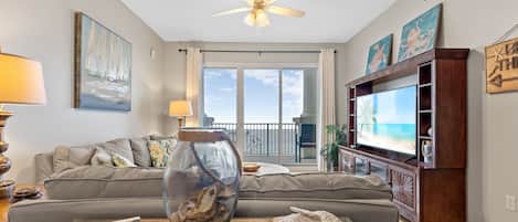 Flat-screen TV, DVD player, books