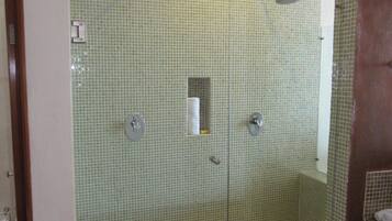 Shower, hair dryer, towels, toilet paper