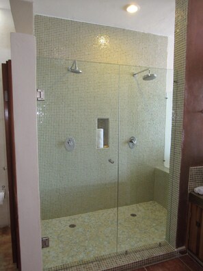 Shower, hair dryer, towels, toilet paper