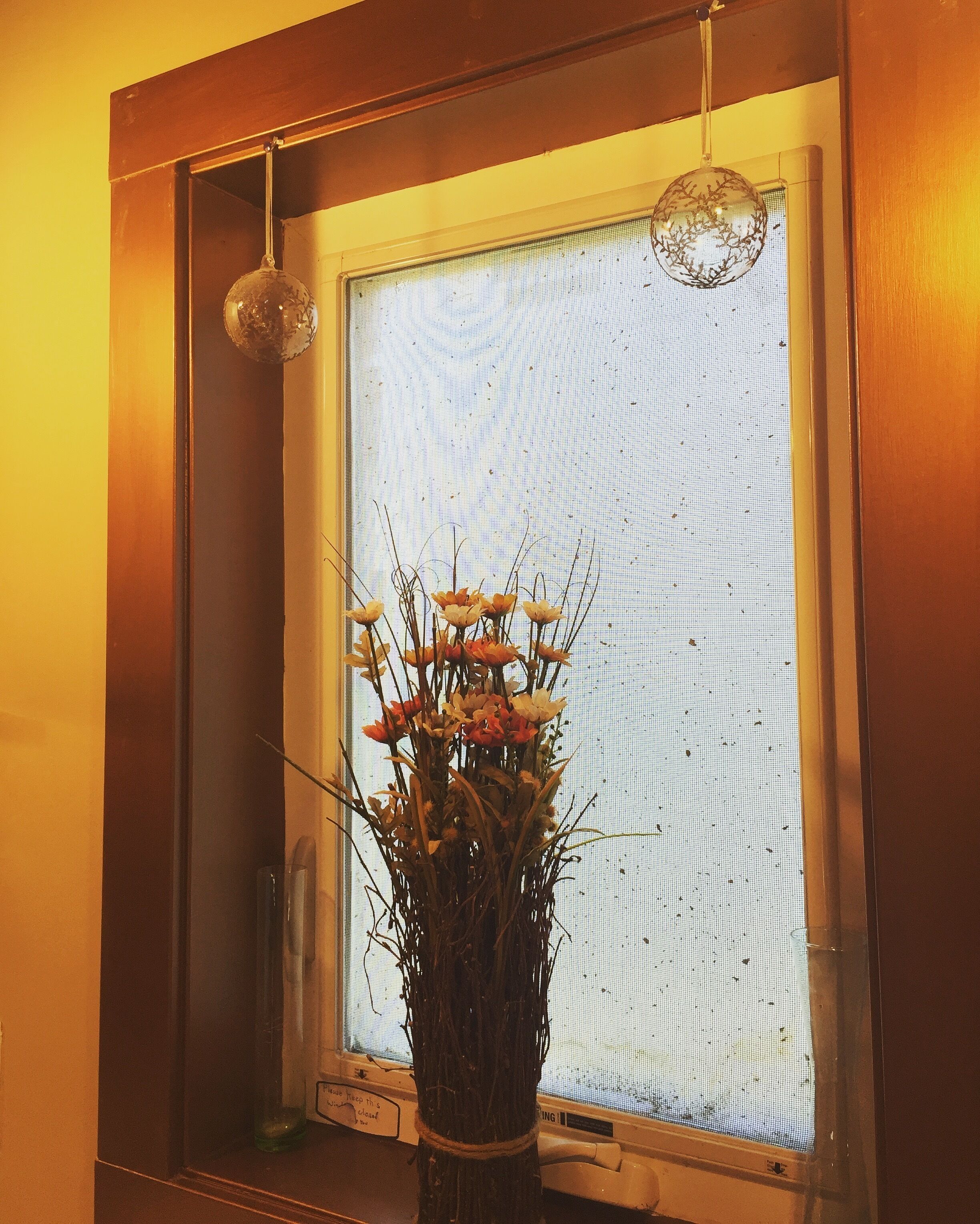 Una finestra con vetro satinato, un vaso con fiori e un ornamento di vetro appeso.