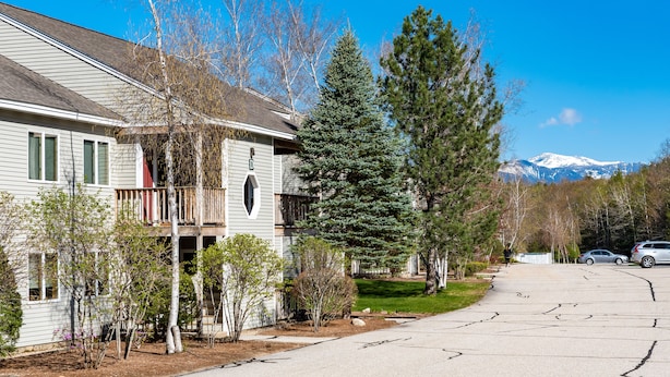 A residential street with houses, trees, and a mountain in the background.