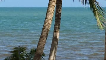 On the beach, sun-loungers
