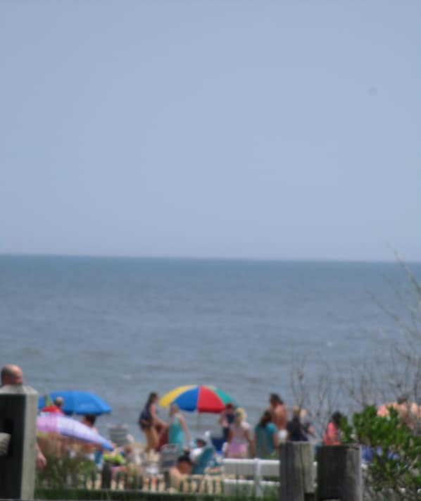A beach scene with people under umbrellas, a wooden fence in the foreground, and a date stamp.