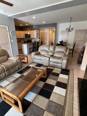 Smart TV, fireplace, video games, DVD player