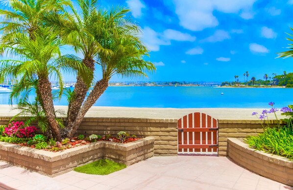 A coastal view with palm trees, a clear blue sky, and a beach in the background.