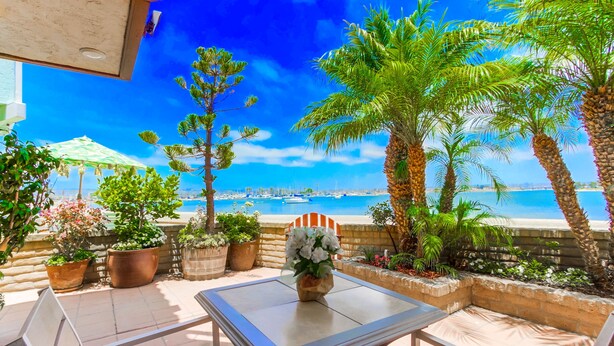 Un patio al aire libre con una mesa y sillas, rodeado de plantas en macetas y palmeras, con vista a una playa y barcos.