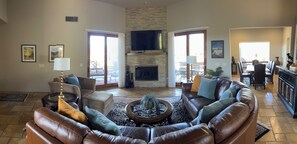 Smart TV, fireplace, DVD player, books