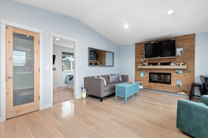 TV connectée, cheminée, lecteur de DVD, livres