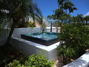 Relax in a serene hot tub surrounded by lush greenery and palm trees.