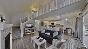 Smart TV, fireplace, books