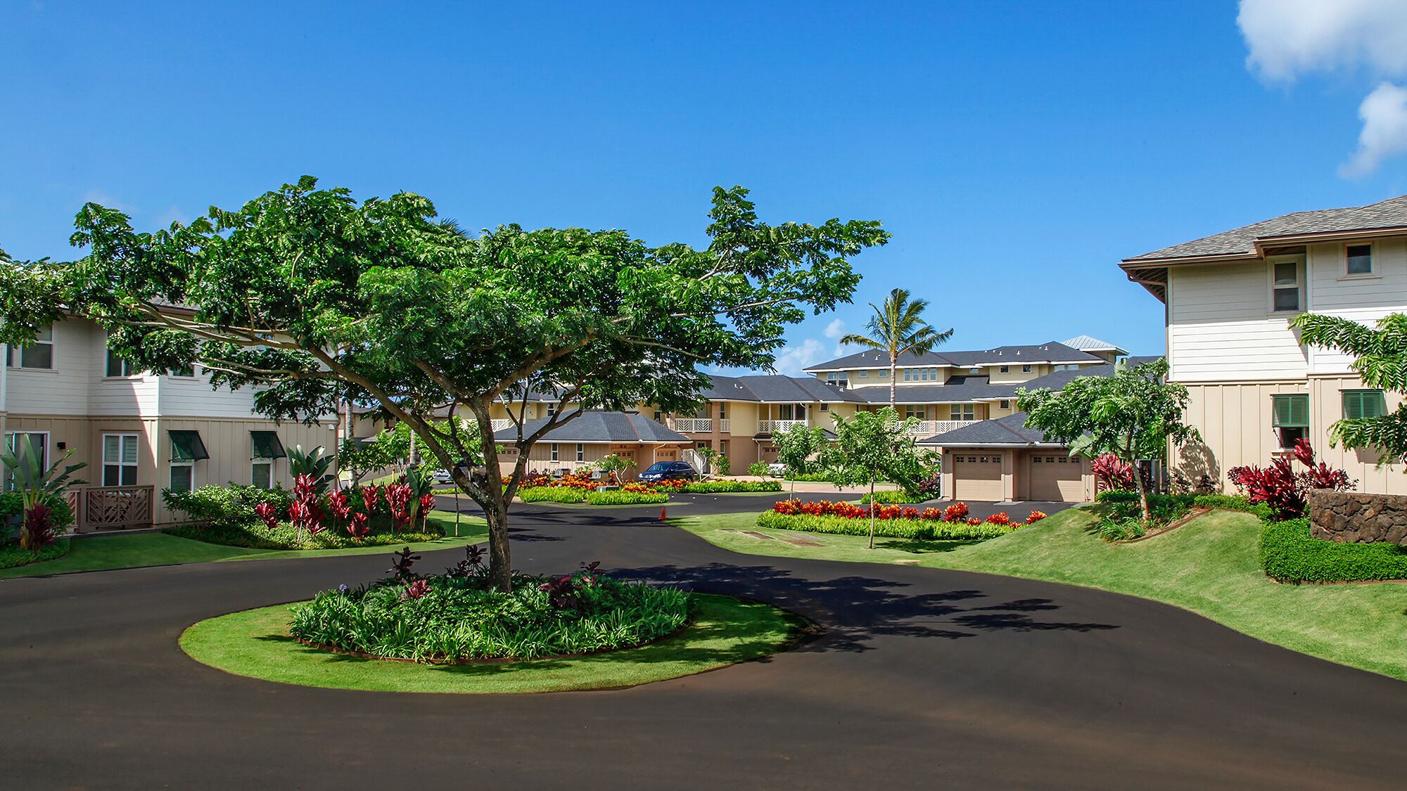 A residential area with multiple two-story houses, a central tree-lined street, and well-maintained gardens.