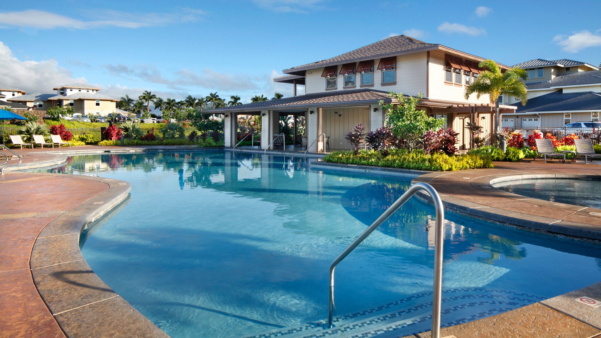 A swimming pool with a metal ladder, surrounded by a landscaped area with palm trees and various plants.