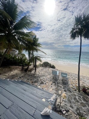 On the beach, sun loungers, beach towels