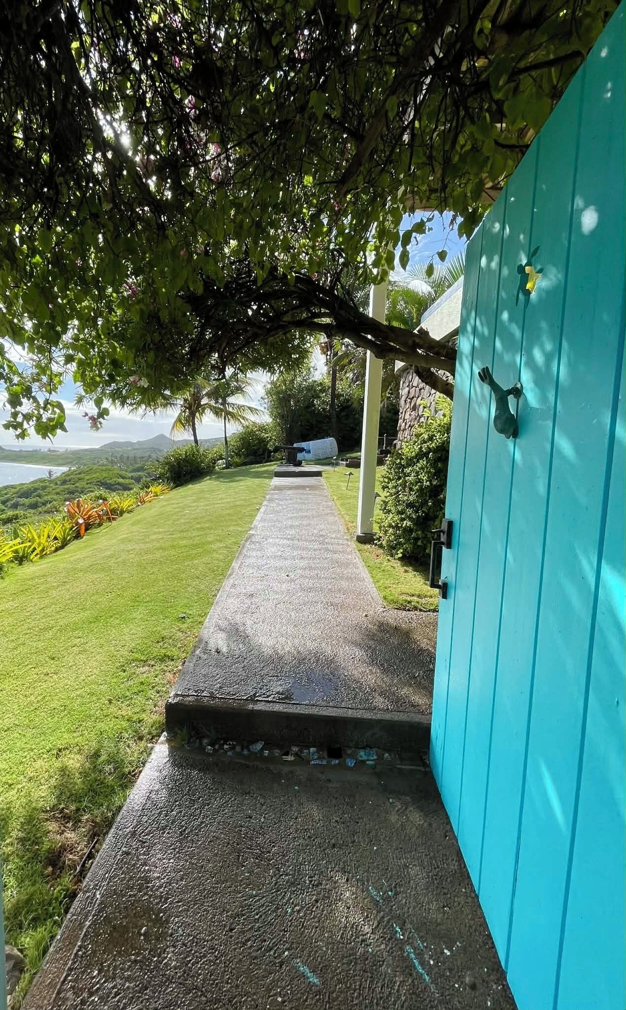 A pathway leading to a blue door, surrounded by lush greenery and a view of the landscape.