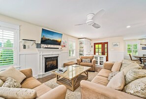 TV, fireplace, DVD player, foosball
