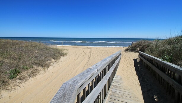 A wooden boardwalk leading to a sandy beach with the ocean in the background. - 4 Bedroom, 2.5 bath, sleeps 10, 1 block to beach with beach access and Hot Tub! (Nags Head)