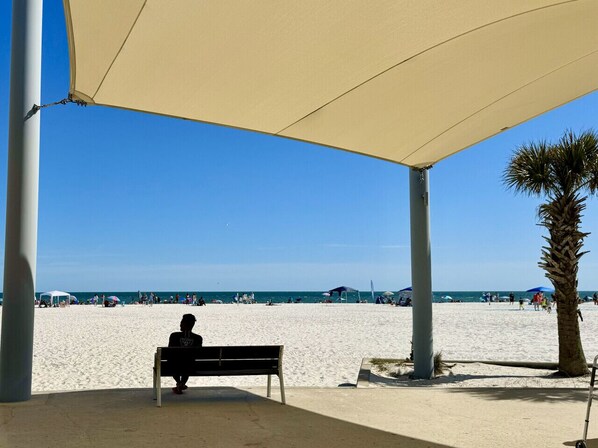 Une plage avec un banc placé sous un auvent, des palmiers et un ciel bleu dégagé.