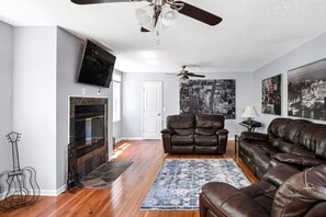 Smart TV, fireplace, DVD player, books