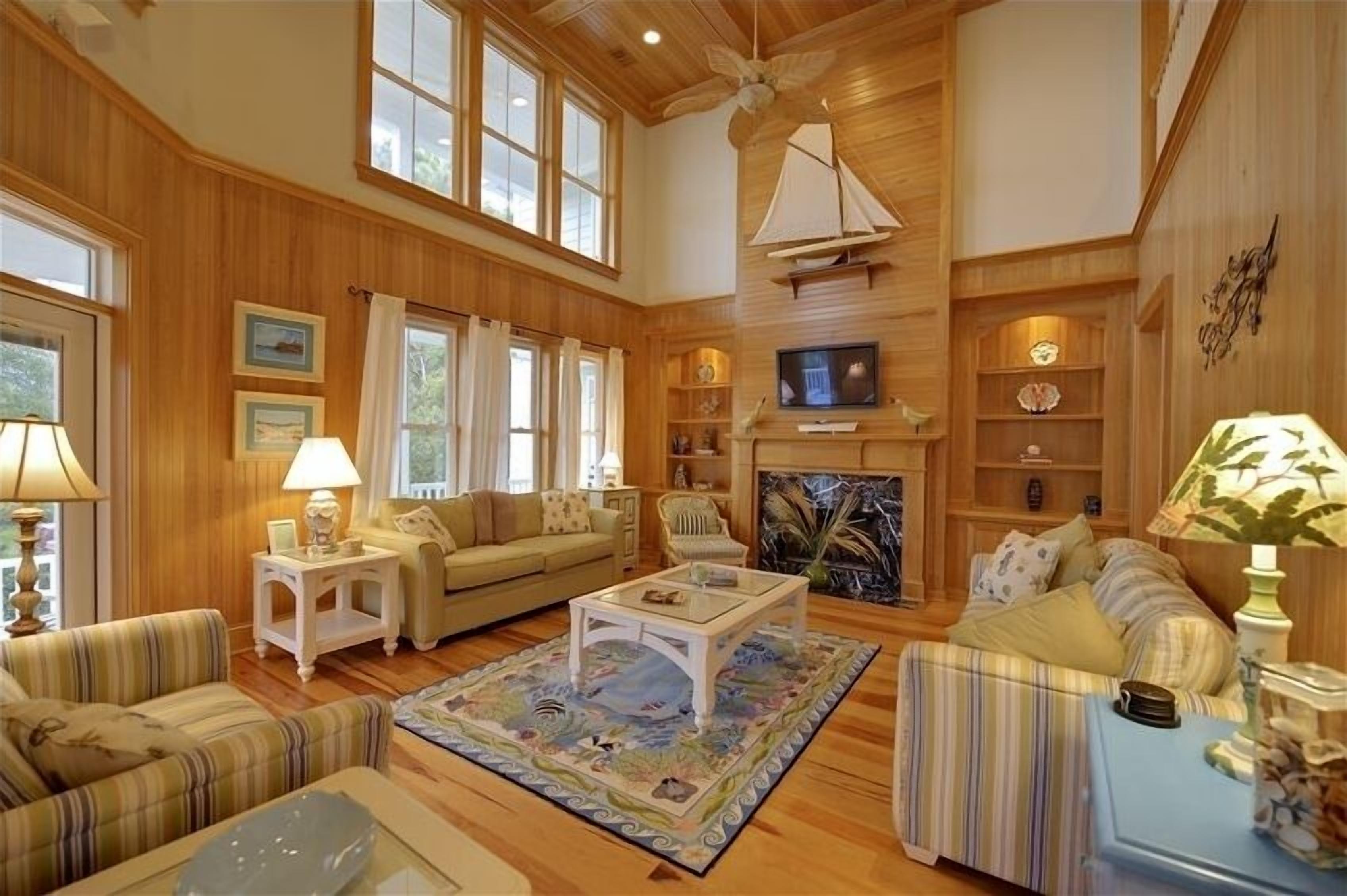 TV, fireplace, DVD player, books