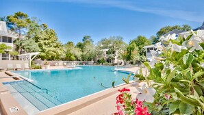 Une piscine à l’eau d’un bleu cristallin, entourée de verdure et de chaises longues.