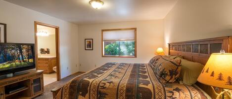 Une chambre avec un grand lit, un téléviseur posé sur un meuble en bois, une fenêtre donnant sur les arbres et une lampe sur la table de chevet.
