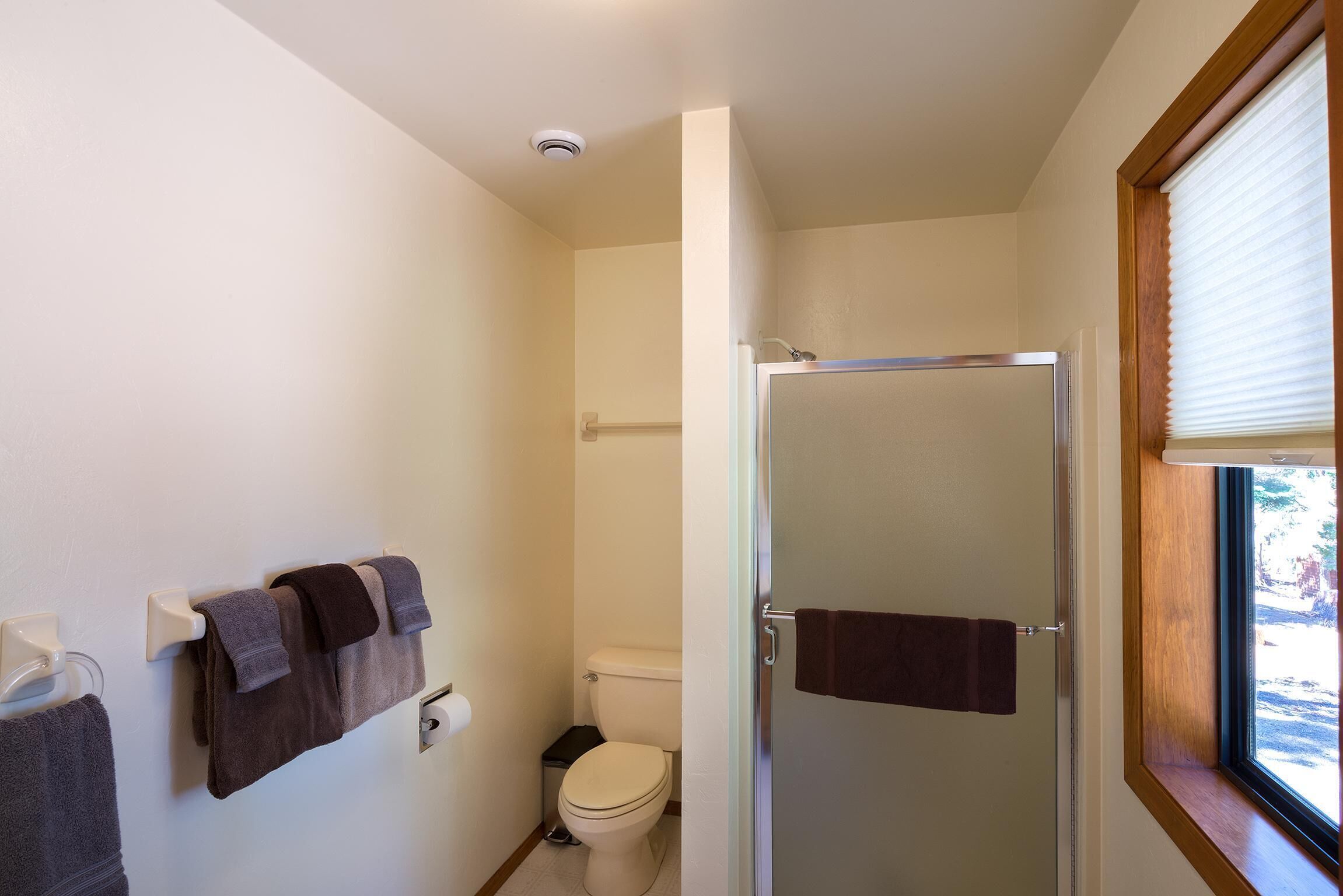 Een badkamer met toilet, douche en raam.