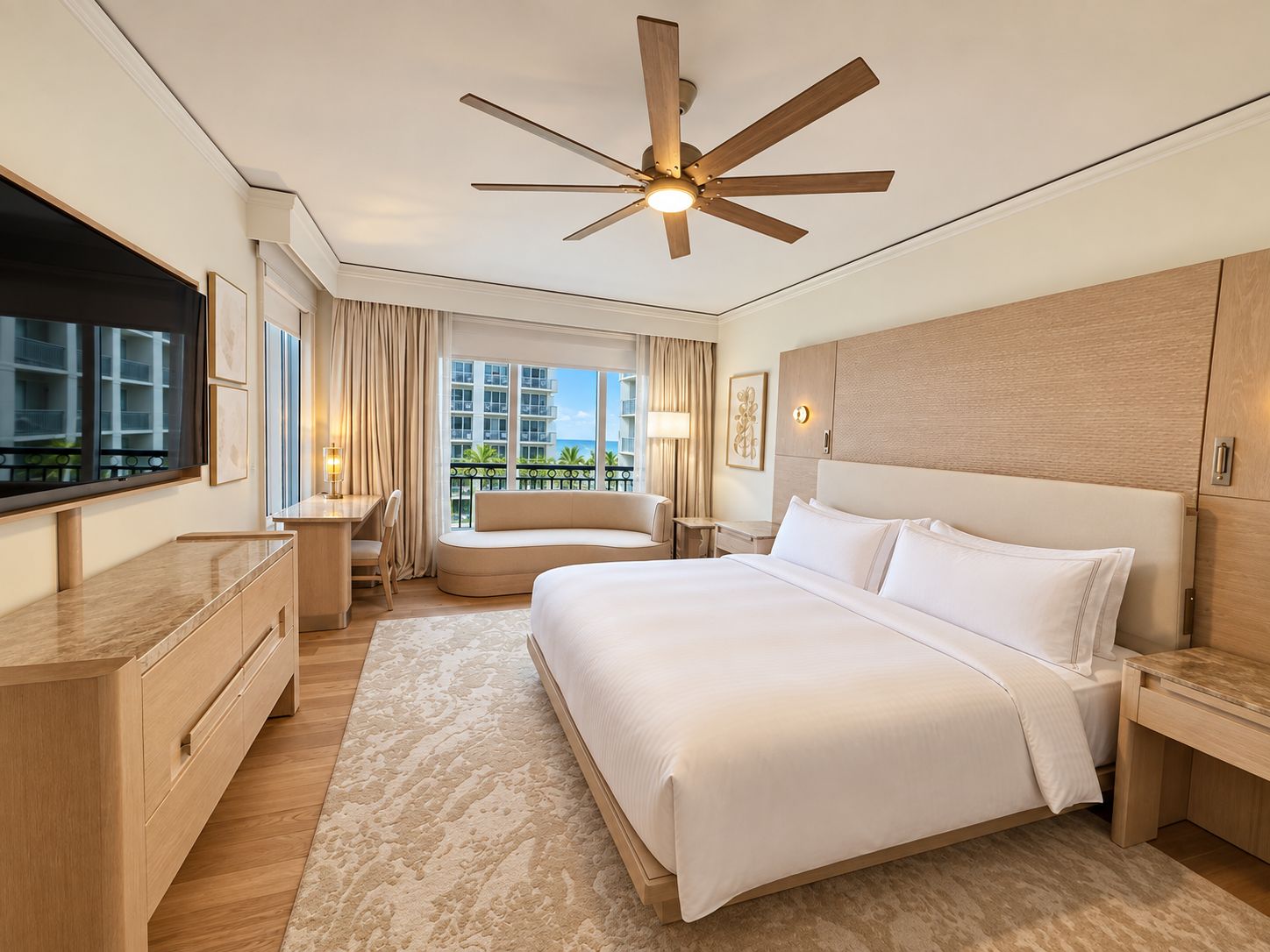 A hotel room with a large bed, a desk, a chair, a ceiling fan, and a view of the cityscape.
