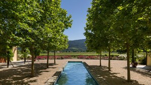 A rectangular pool with a tiled edge, surrounded by gravel and trees. - Luxury Napa Valley Estate Surrounded by Vineyards (Calistoga)