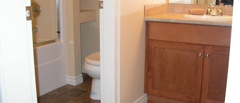 Un baño con inodoro, lavamanos y espejo.