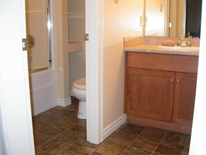 Combined shower/bathtub, hair dryer, towels, soap
