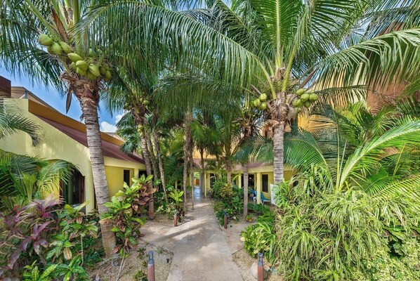 A courtyard with palm trees, a pathway, and a building with yellow walls.