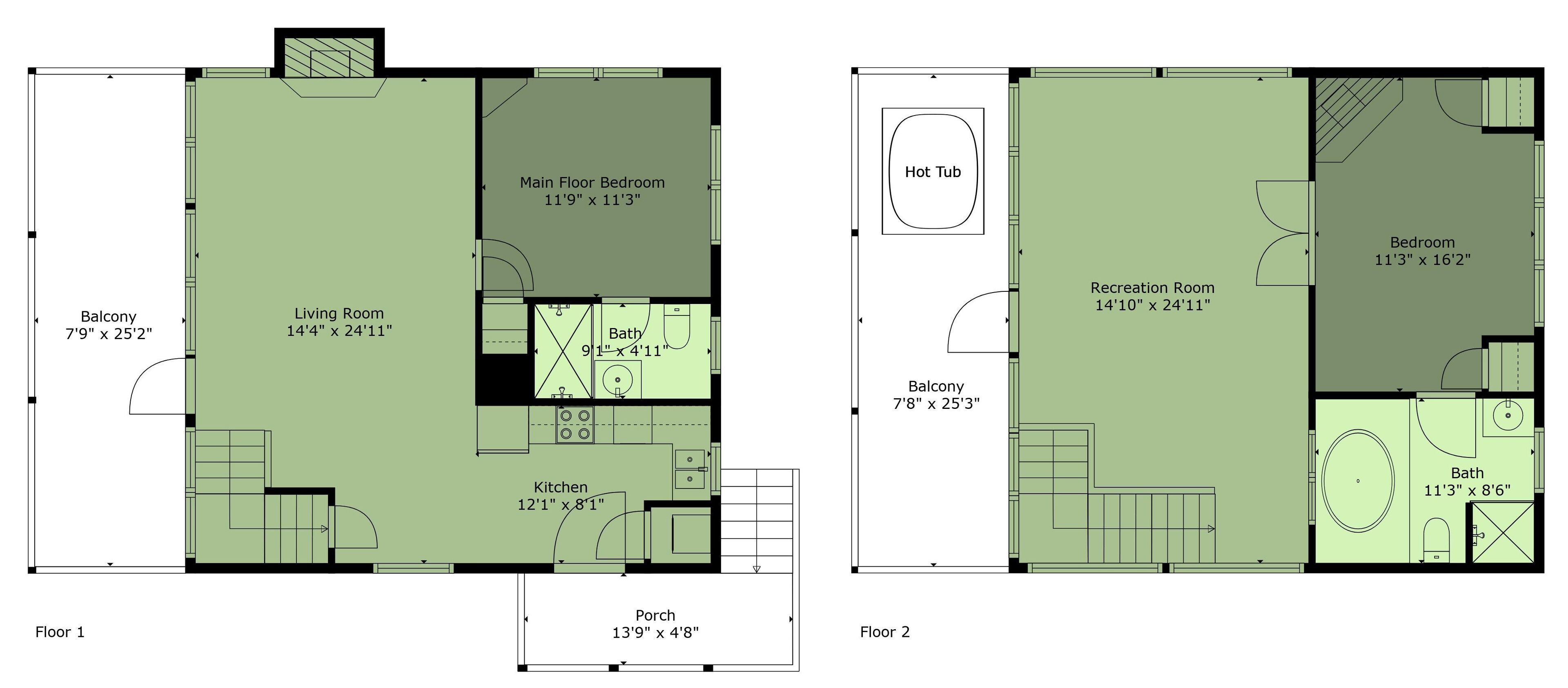 Two floor plans of a house with a main bedroom, living room, balcony, kitchen, and bathroom.