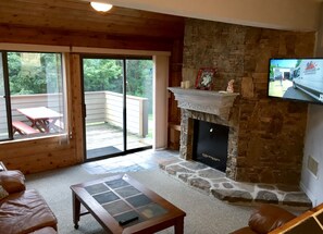 Fernseher, Kamin, DVD-Player, Videothek