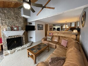 TV, fireplace, DVD player, video library