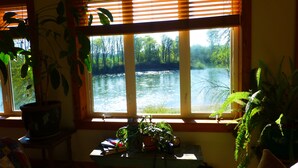 A room with a large window overlooking a river, a small table with plants, and a chair.