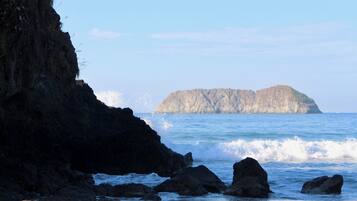 A coastal scene with a rocky shoreline, waves crashing against the rocks, and a distant island.