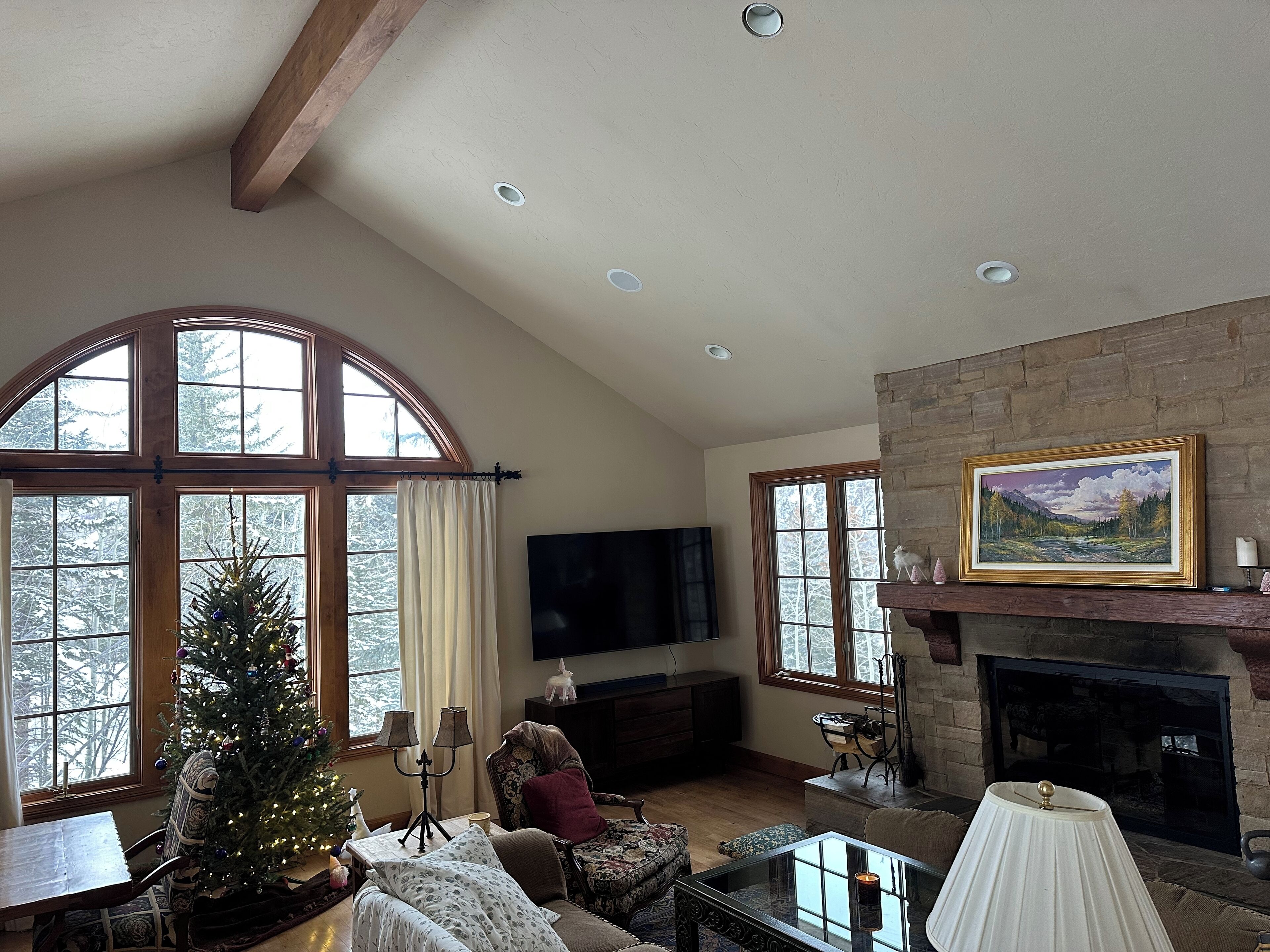 TV connectée, cheminée, livres, imprimantes