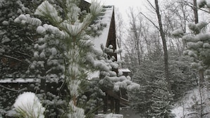 Une cabane dotée d’un toit en pente, entourée d’arbres couverts de neige et agrémentée d’une terrasse en bois.