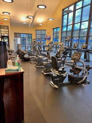 A gym with multiple treadmills and exercise equipment, large windows, and a television screen. - Family Friendly Home in The Galena Territory "Access to Territory Amenities" (Galena)