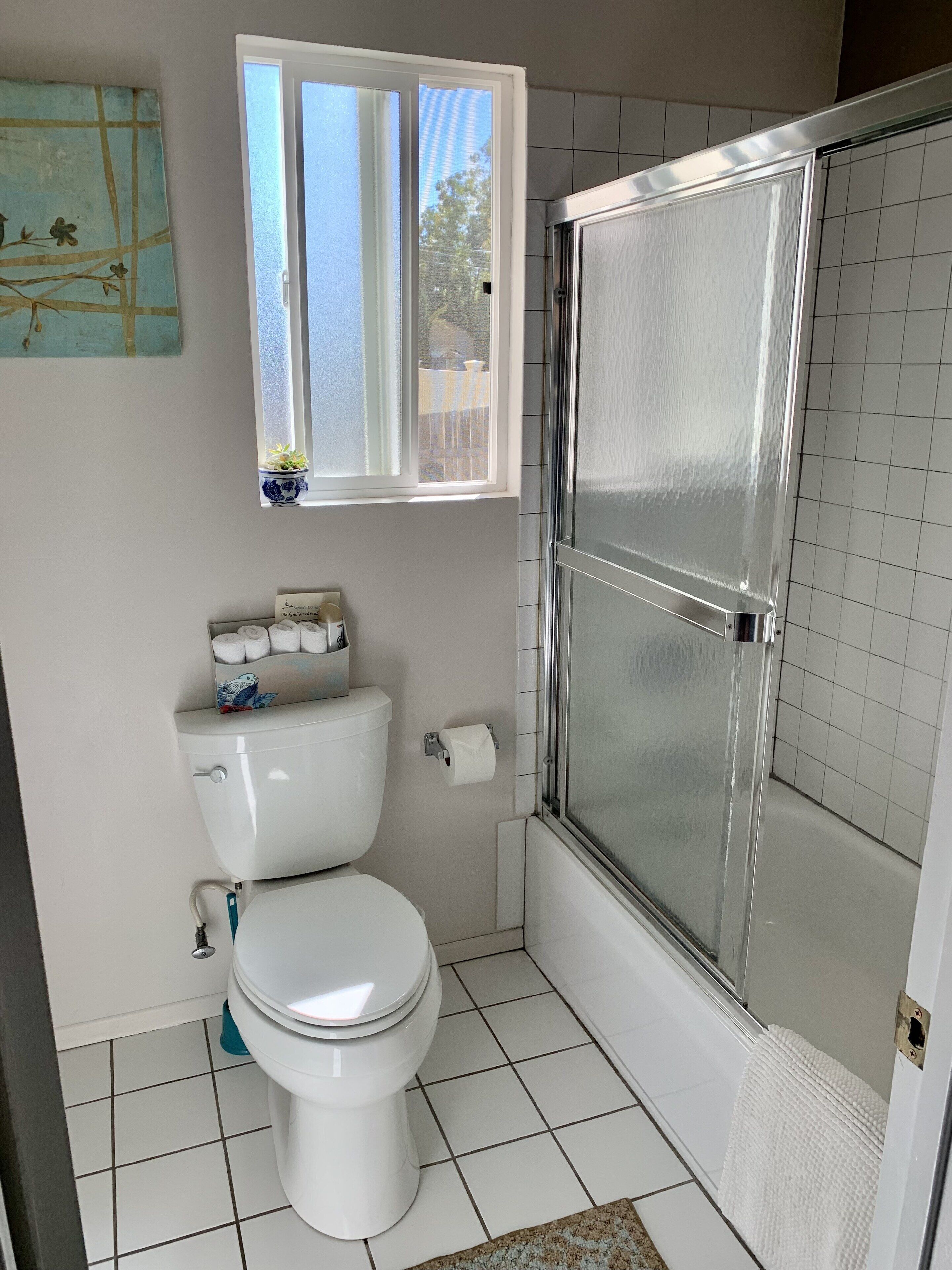 Combined shower/bathtub, hair dryer, towels, soap