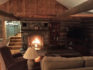 Smart TV, fireplace, DVD player, books