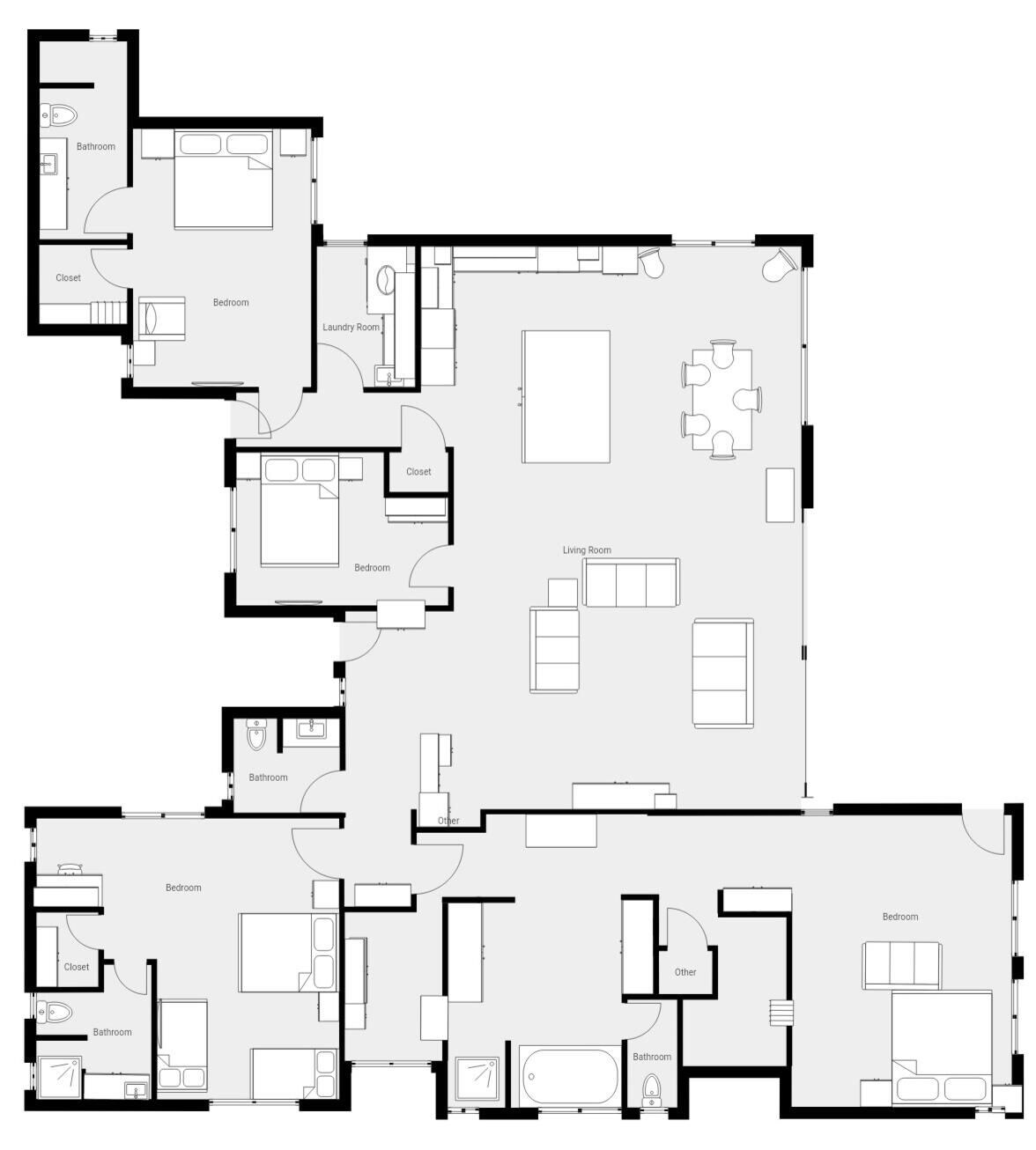 A floor plan with multiple bedrooms, bathrooms, a living room, and a dining area.