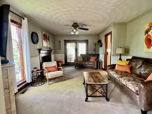 Smart TV, fireplace, foosball, books