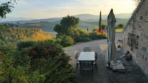 A patio with a table and chairs, a stone wall with a statue, and a view of rolling hills. - FARMH. PODERE CUNINA 25 KM SUD SIENA DI FRONTE AL MONTALCINO PRENDENDO LEZIONI DI CUCINA (Buonconvento)