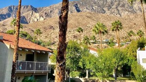 A residential area with palm trees, a mountain in the background, and a house with a red-tiled roof. - Gorgeous condo with fabulous mountain and pool views in South Palm Springs (Palm Springs)